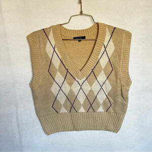Argyle Sweater Vest V-Neck Soft Cozy Knitted Cream/Beige Soft